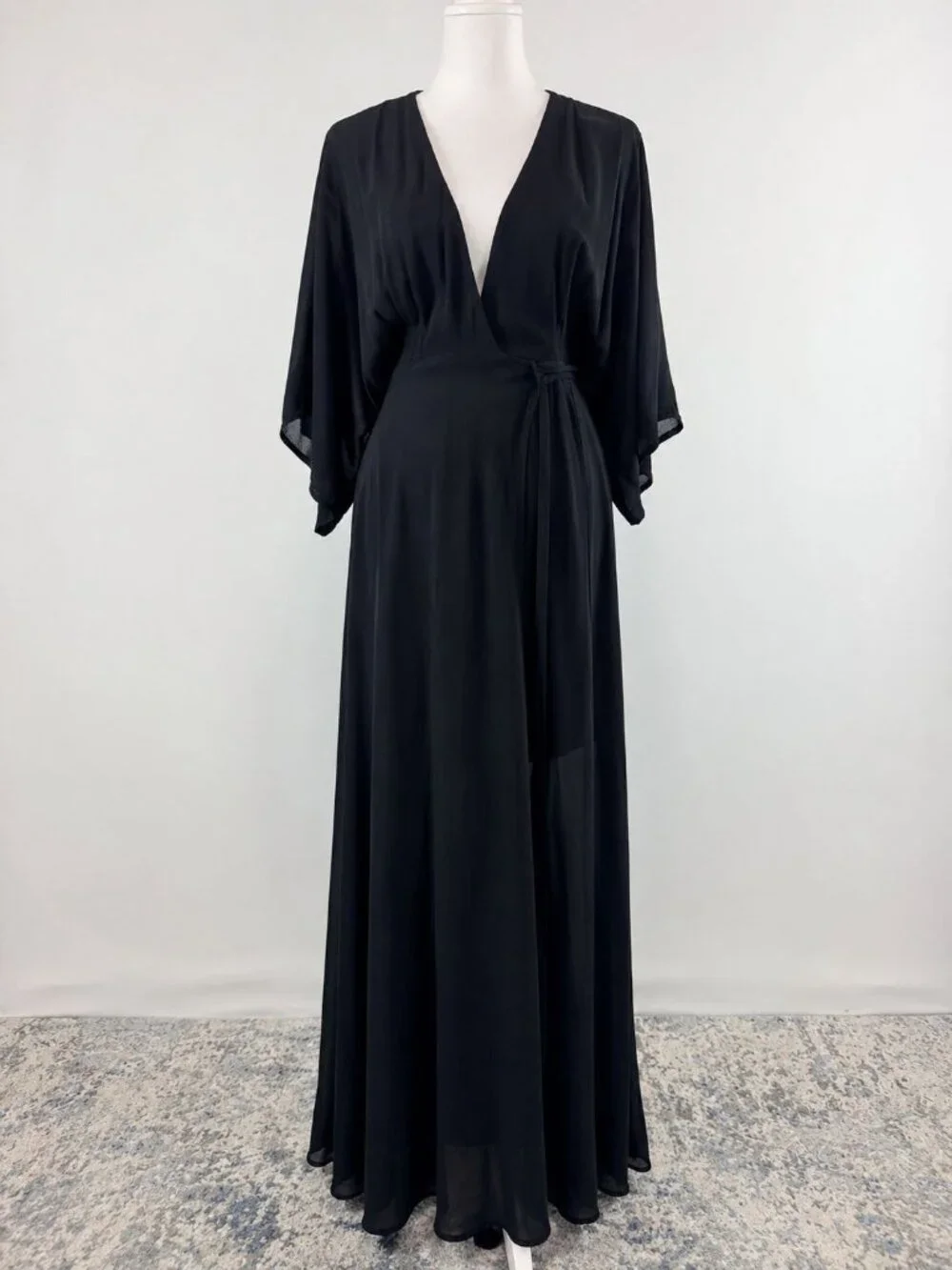 Women's Black Maxi Wrap Dress Size L Kimono Sleeve Deep V Neck Boho Elegant - Picture 2 of 16